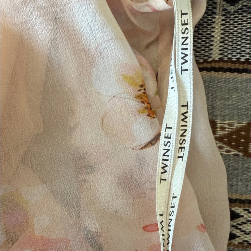 Twin-Set Pink Floral Tie-Neck Cap Sleeve Blouse - Picture 13 of 13